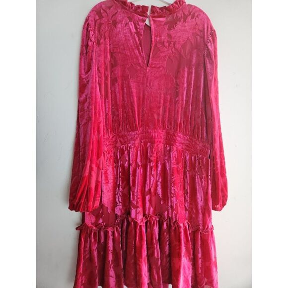 Eloquii Pink Magent Burnout Floral Velvet Ruffle Neck A-Line Smocked Dress sz 20 - Picture 9 of 13